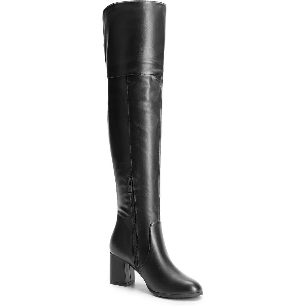 Women's Black-pu Faux Suede Thigh High Block Heel Over The Knee Pointed Toe Boot